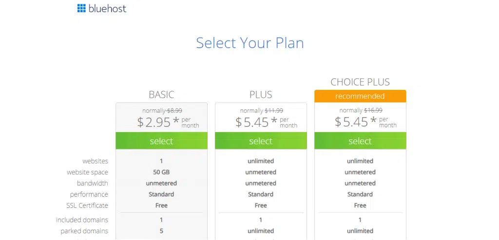 Bluehost plan page