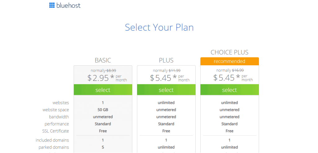 Bluehost plan page